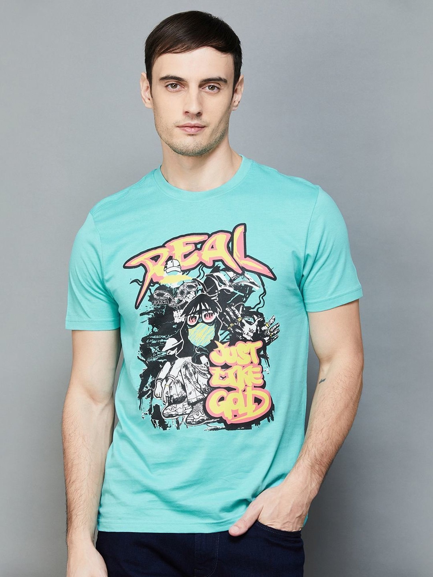 Forca by Lifestyle Turquoise Cotton Slim Fit Printed T-Shirt