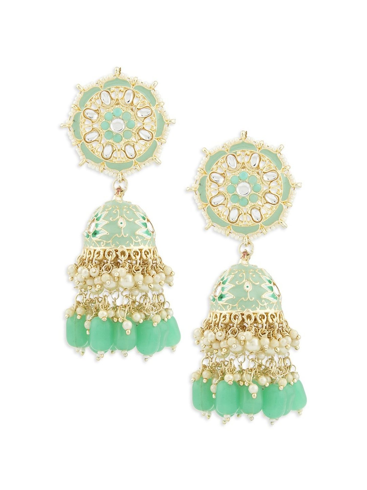 Zaveri Pearls Green Meenakari Floral Design Kundan Jhumki Earrings - ZPFK13186