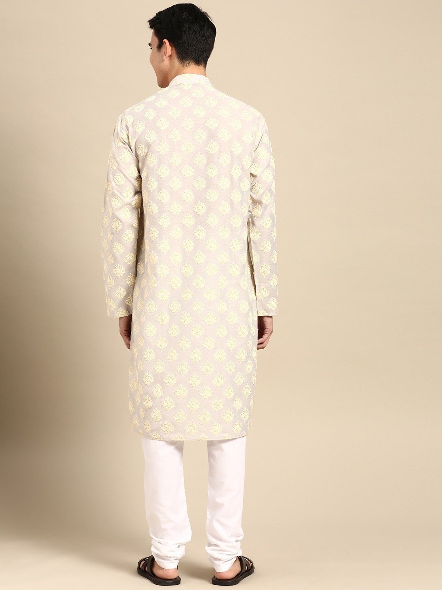 ManQ Grey & White Regular Fit Printed Kurta Bottom Set
