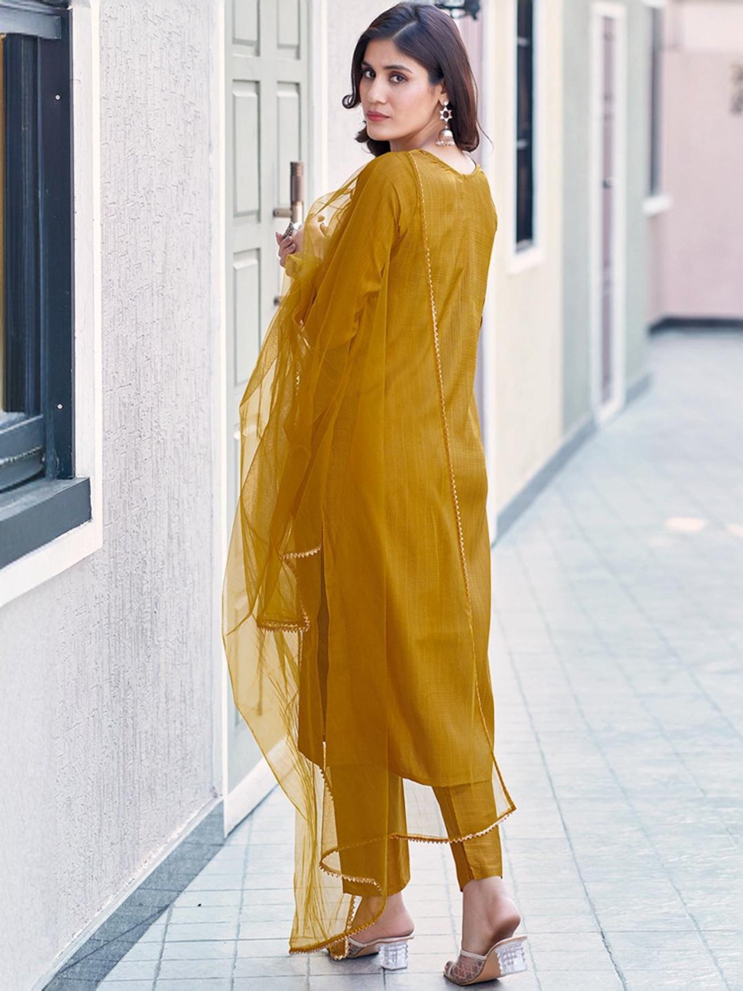 Skylee Mustard Embroidered Kurta Pant Set With Dupatta