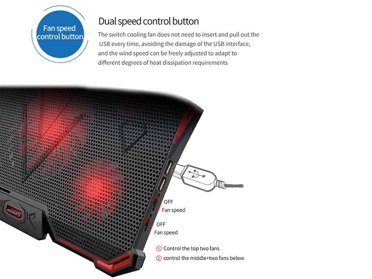 CoolCold 5 Fans 2 USB Laptop Cooling Pad Adjustable Notebook Holder High Speed Cooler for Macbook air/pro 12"13"14"15.6"17.3"