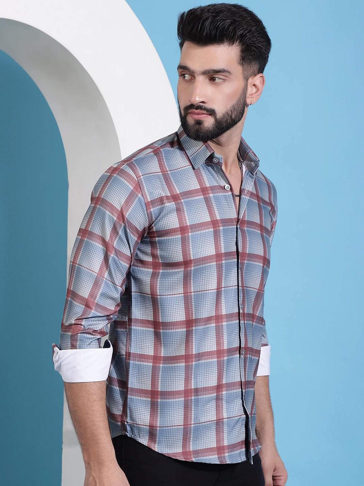 Indian Needle Grey Regular Fit Checks Shirt