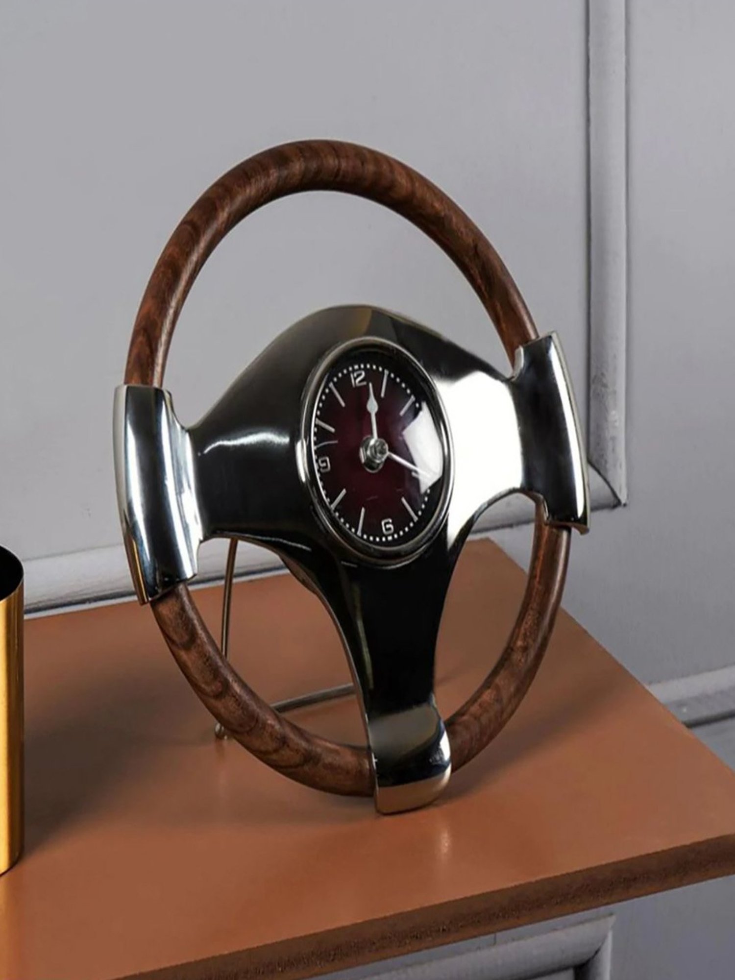 The Artment Brown Solid Wood Surreal Steering Wheel Table Clock