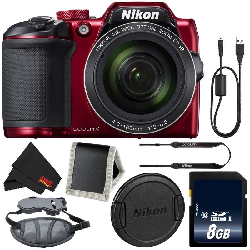 Nikon COOLPIX B500 Digital Camera (Red) 26508 (Intl Model)+ 8GB SDHC Class 10 Memory Card + Memory Card Wallet + MicroFiber Cloth + Pro Hand Camera Grip Bundle