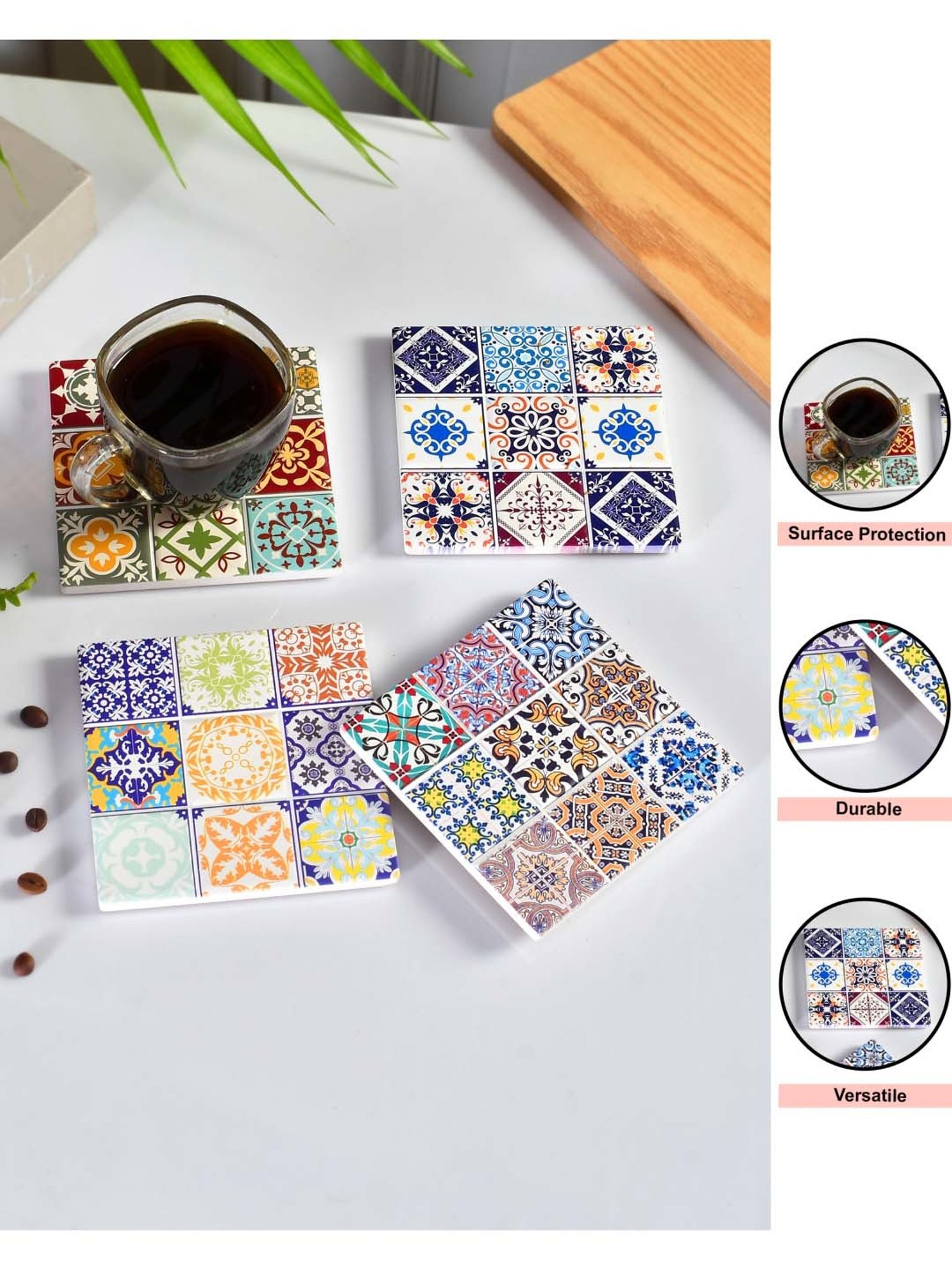 TAYHAA Multicolor Ceramic Stylish Coasters - Set of 4