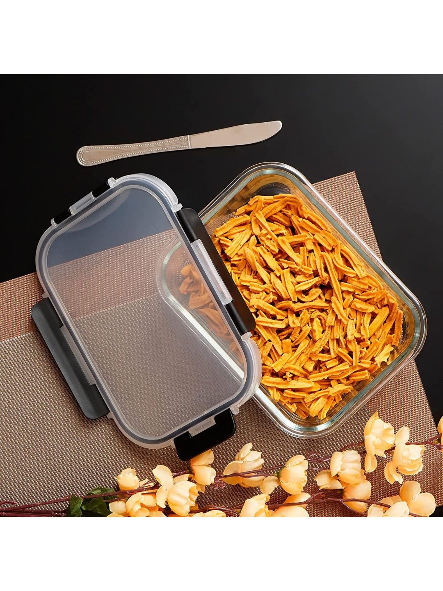 Femora Transparent & Black Borosilicate Rectangle Container With Lid - Set of 1