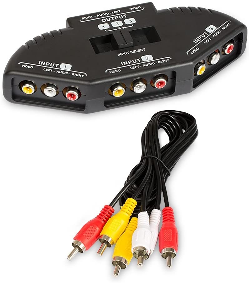 Fosmon A1602 RCA Splitter with 3-Way Audio Video RCA Switch Box + RCA Cable for Connecting 3 RCA Output Devices to Your TV