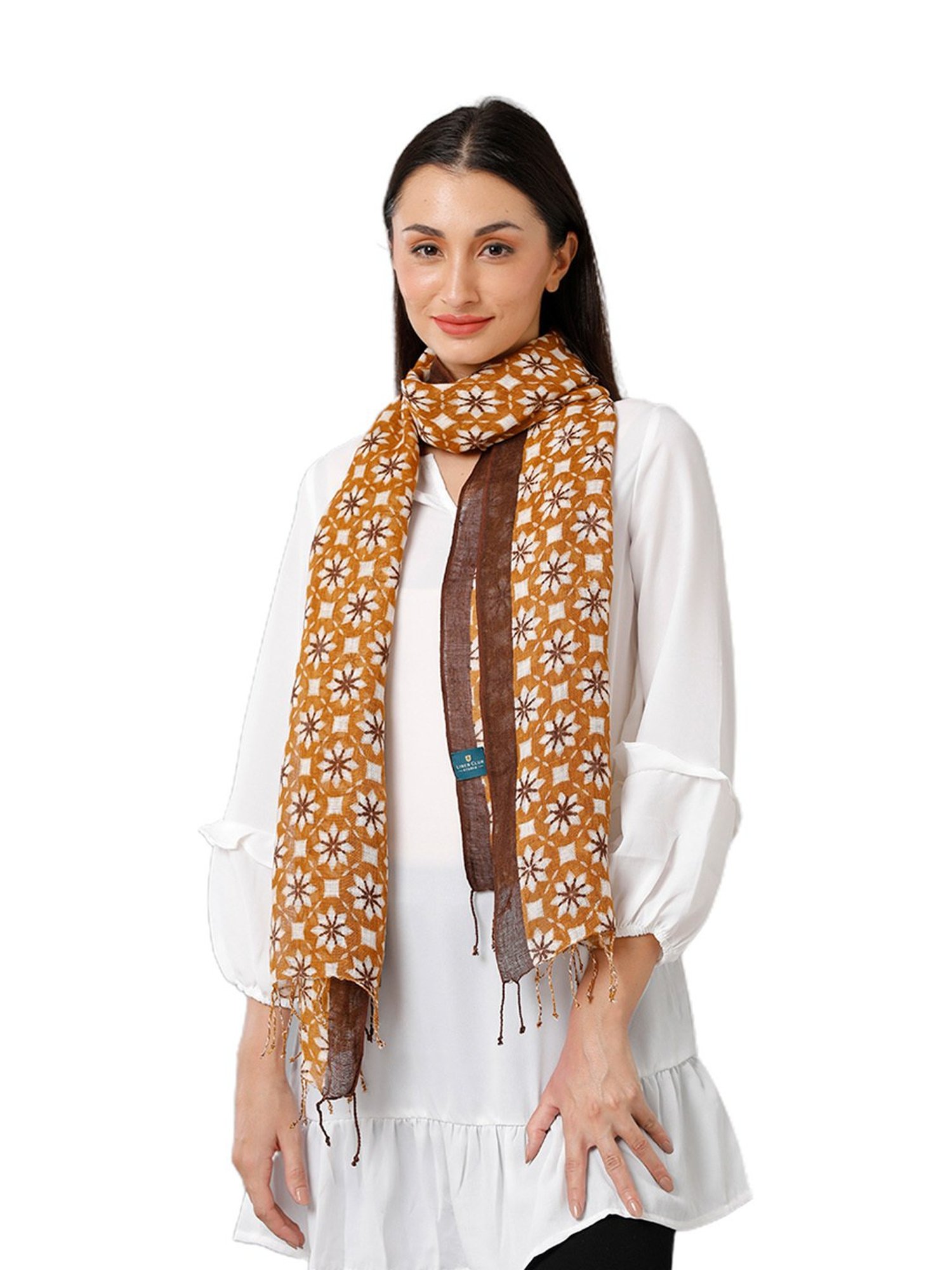 Linen Club Brown Printed Pure Linen Stole