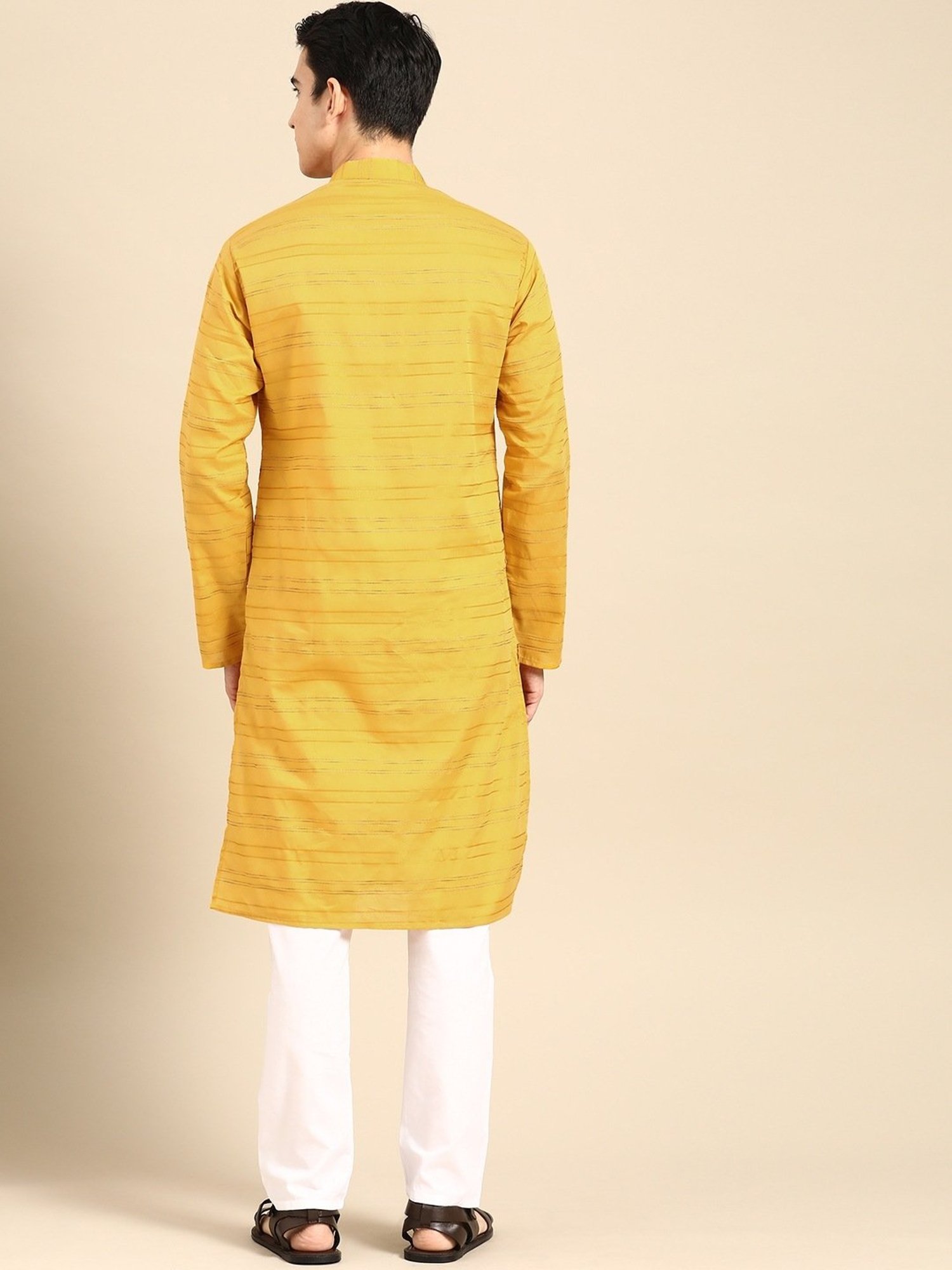 ManQ Yellow & White Pure Cotton Regular Fit Striped Kurta Bottom Set
