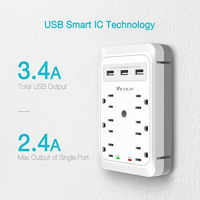 Multiple Outlet Wall Plug Surge Protector with 3 USB Ports Smart 34A Total 6 Outlet Extender Splliter Adapter for Dorm Room Home amp Office 1080Joules