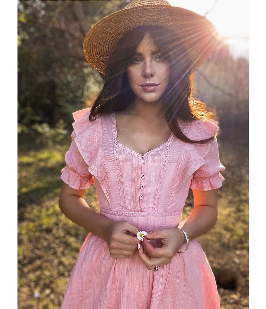 Shabby Chic Lowan Sweetheart Neck Taping Inset Detail Puff Sleeve Lace-Trim Fit & Flare Mini Dress