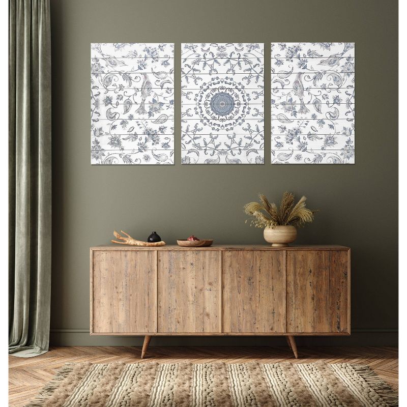 48" x 24" Chinoiserie Pattern Triptych Print on Planked Wood Wall Sign Panel Gray - Gallery 57