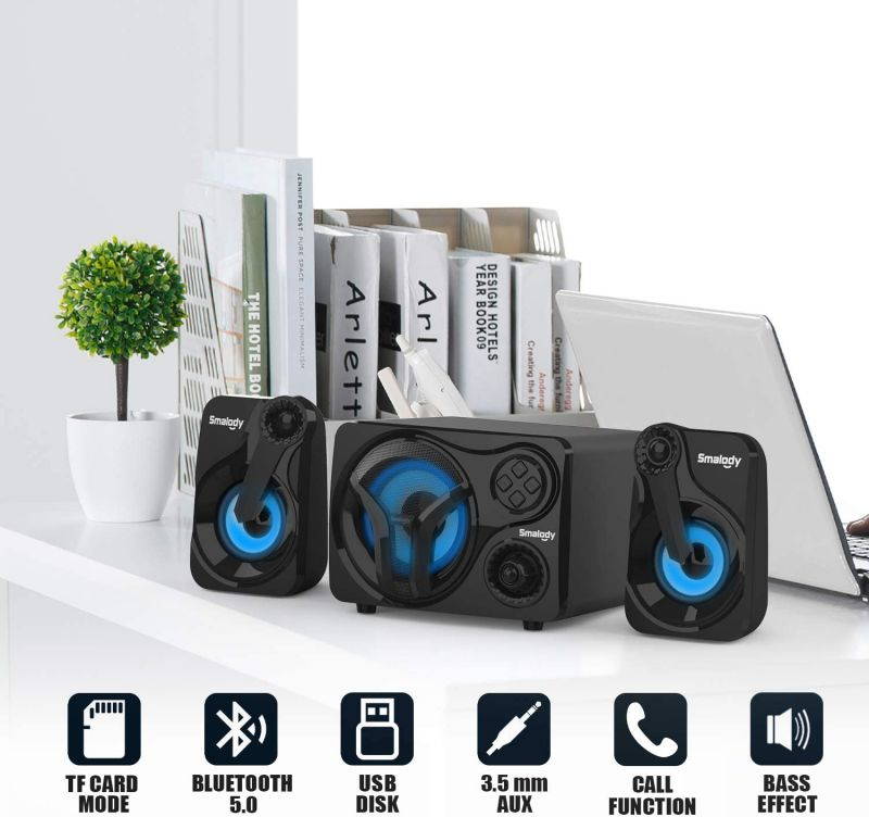 Computer Speakers with Subwoofer, 2.1 Powered Sound System, Cool Colorful LED, Multimedia Speaker with Bluetooth/Line-in/FM/USB&TF Slot, Compatible with Gaming PC, Desktop, Laptop (2.1ch)