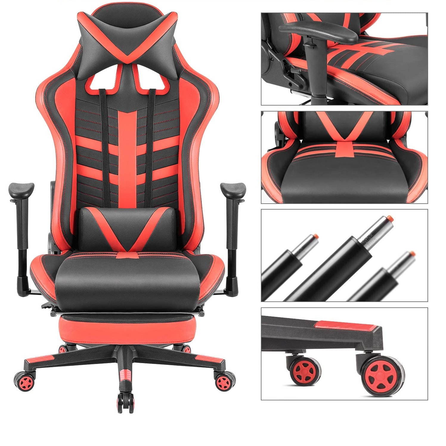 Devoko Ergonomic High-Back Racing Gaming Chair with Leather Bucket Seat, Headrest, Footrest and Lumbar Support (Black/Red)