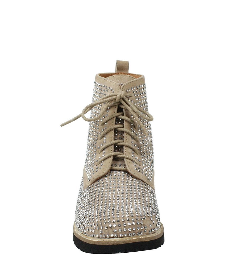 L'Amour Des Pieds Raynelle Suede Rhinestone Embellished Block Heel Combat Booties