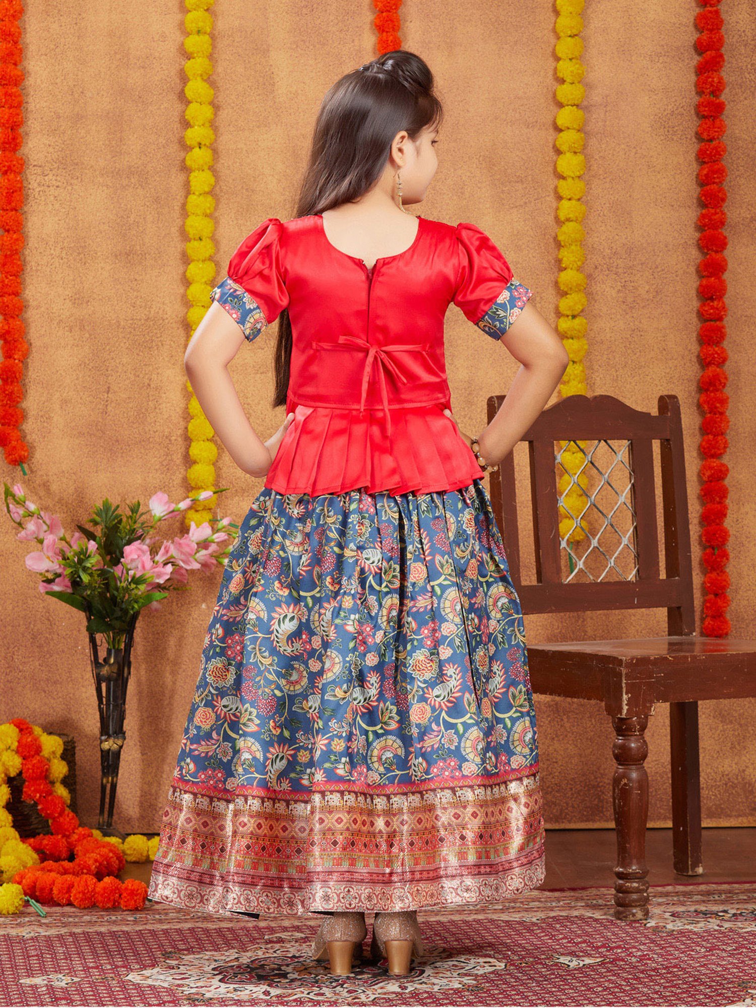 A Little Fable Kids Blue Printed Lehenga with Choli & Dupatta