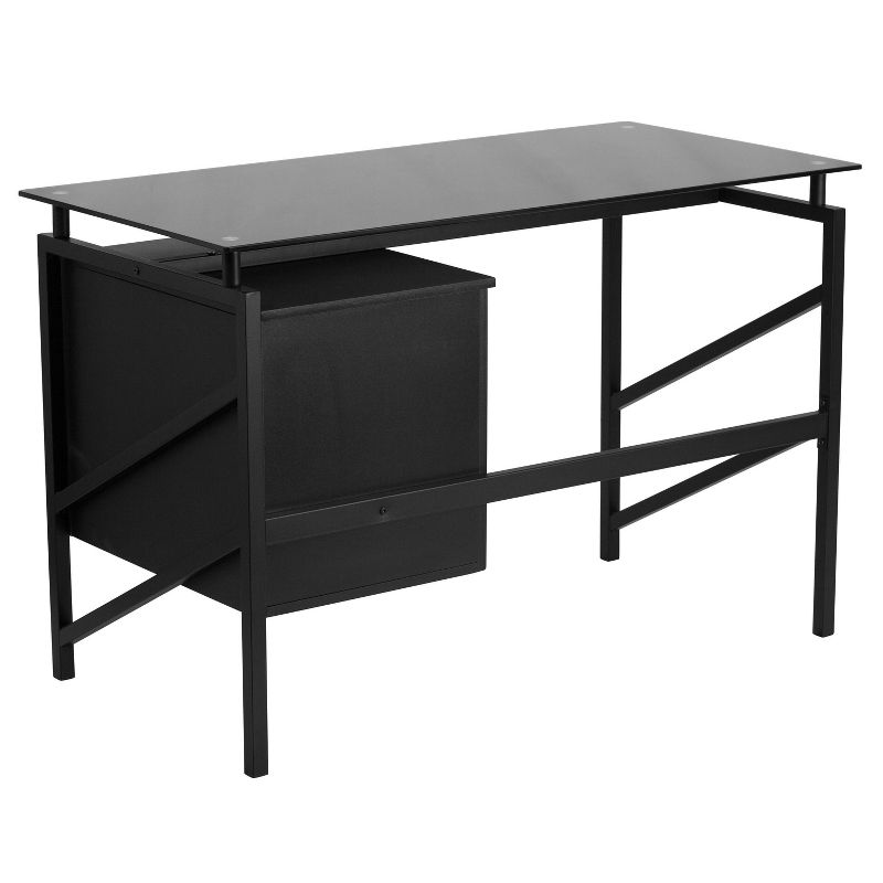 Glass Desk with Two Drawer Pedestal - Black Glass Top/Black Frame - Riverstone Furniture Collection