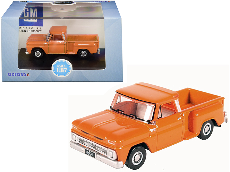 1976 Chevrolet Stepside Pickup Truck Tangier Orange with White Stripes 1/87 (HO) Scale Model Car by Classic Metal Works