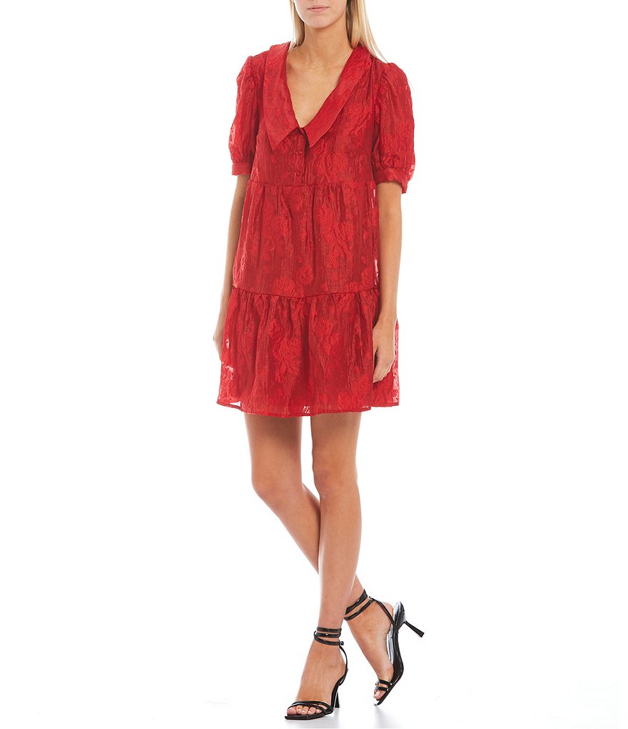 Sugarlips Burnout Short Puff Sleeve Collared V-Neck Tiered Babydoll Dress