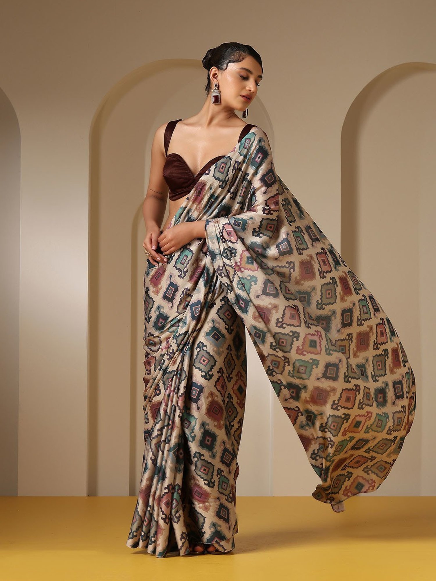 Swtantra Multicolor Printed Satin Saree With  Unstitched Self Blouse
