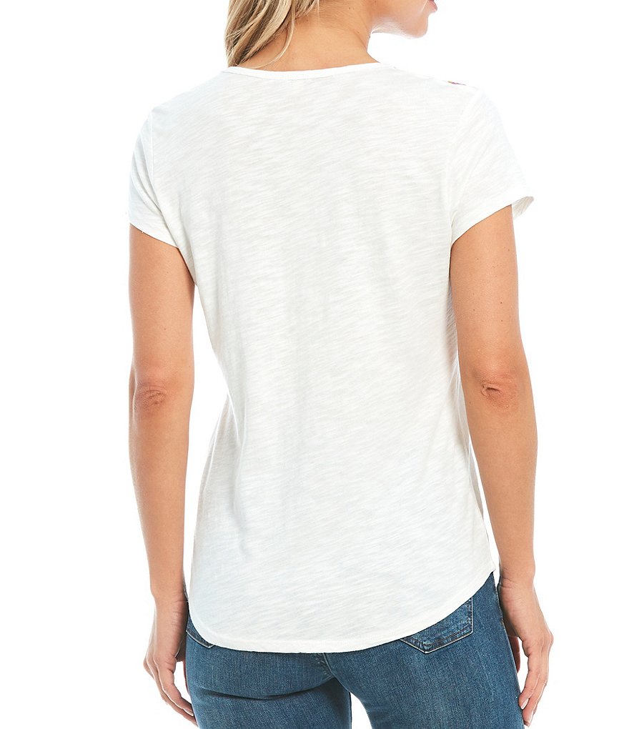 Reba Angelica Embroidered Cross V-Neck Short Sleeve Tee