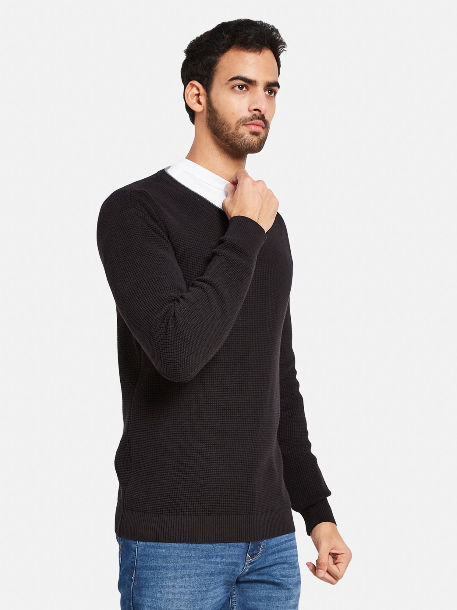 METTLE Black Cotton Regular Fit Sweater