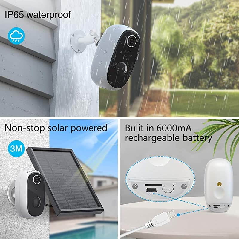 Wireless Outdoor Security Camera, WiFi Solar and Rechargeable Battery Indoor Home Security Camera, Alexa/Google Home, 1080P, Night Vision, 2-Way Audio, Motion Detect, IP65 Waterproof, Cloud/SD
