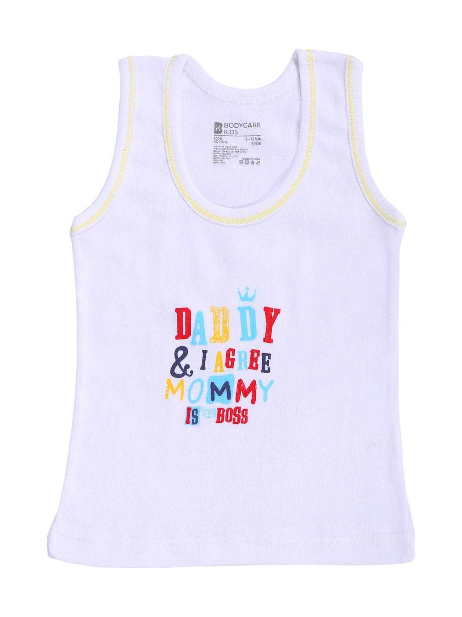 Bodycare Kids White Printed Vests(Pack Of 3)