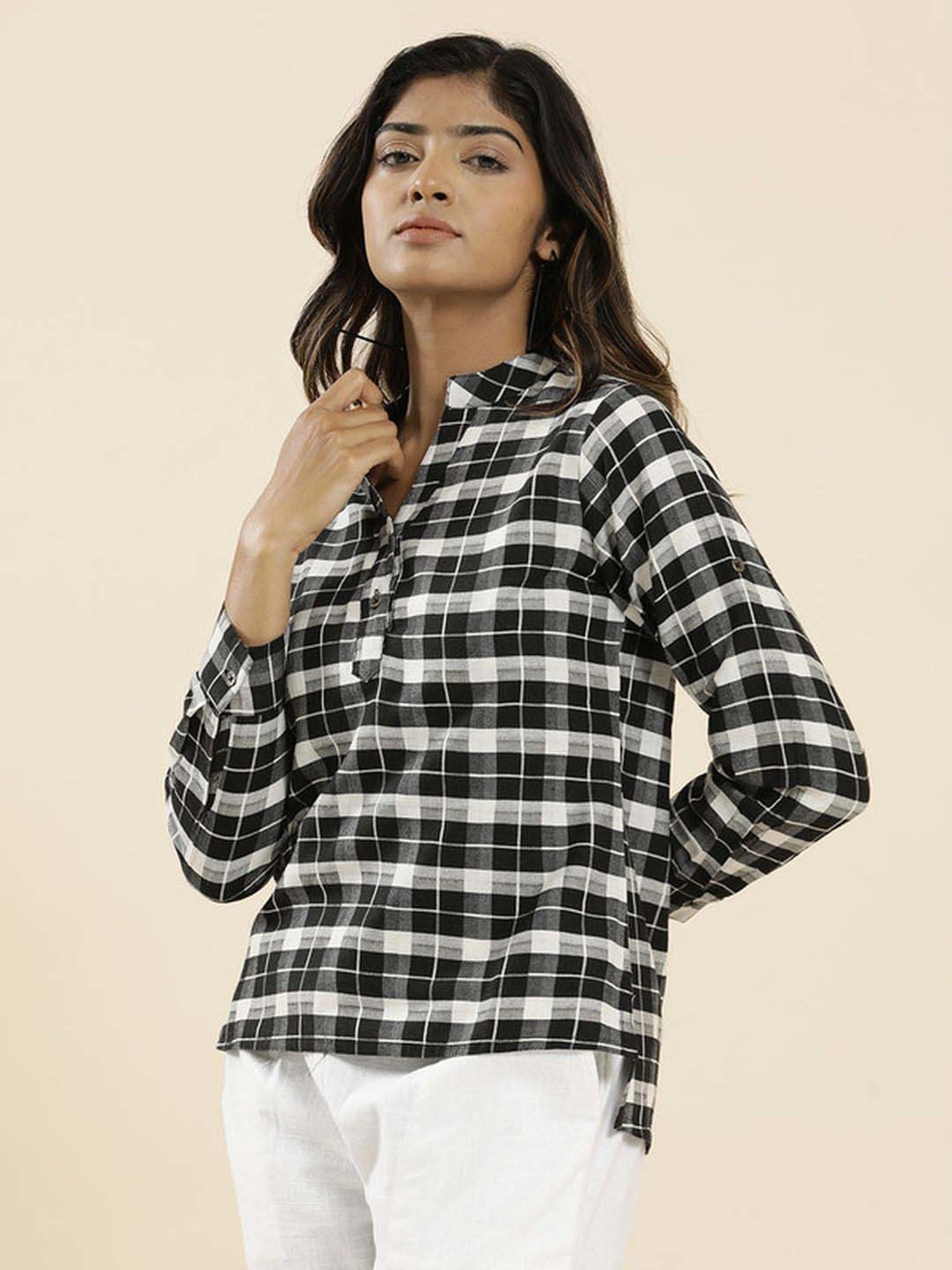 Jaipur Kurti Black Cotton Chequered Top