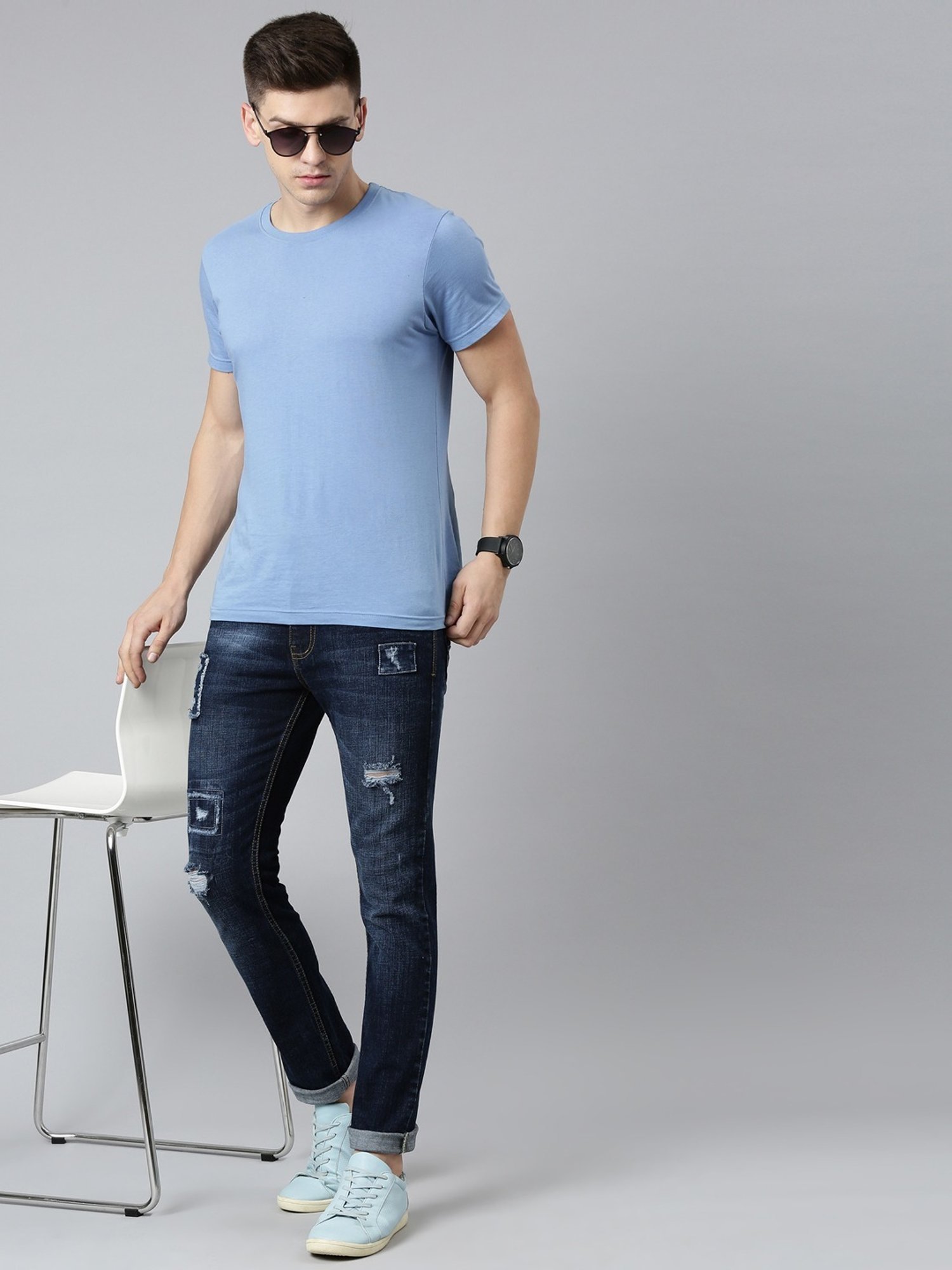 CINOCCI Cobalt Blue Cotton Slim Fit Distressed Jeans
