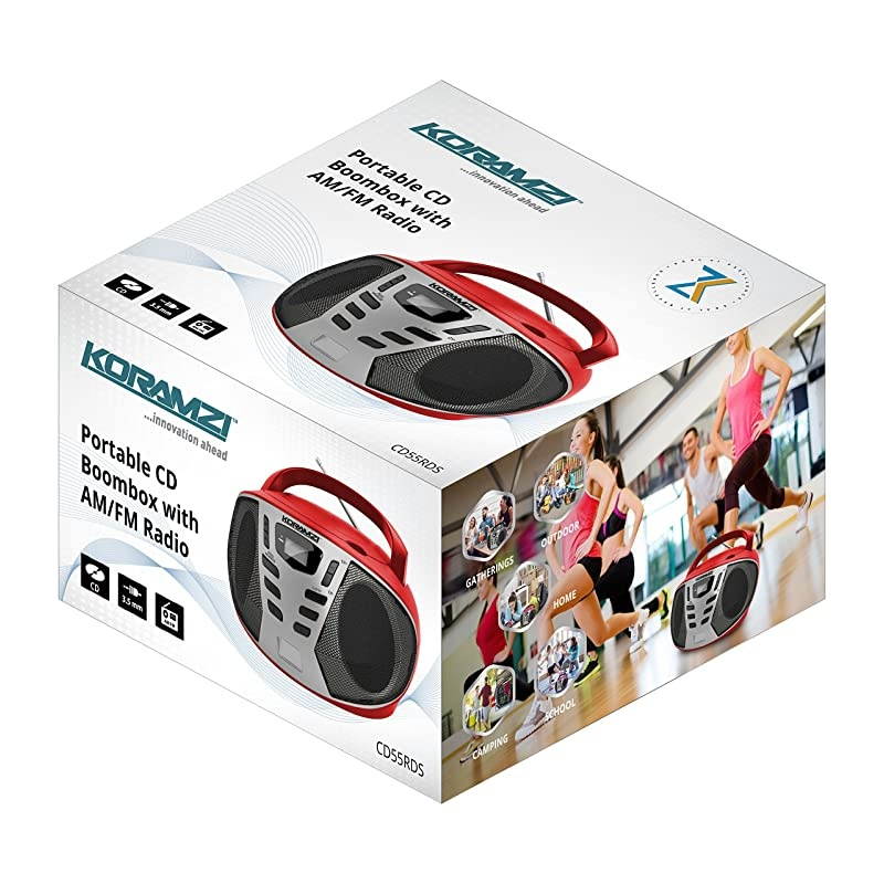 Portable CD Boombox w/AM/FM Radio,AUX IN, Top Loading CD Player,Telescopic Antenna, LCD Display for Indoor & Outdoor,Offices, Home, Restaurants, Picnics,School,Camping (Red/Silver) CD55-RDS