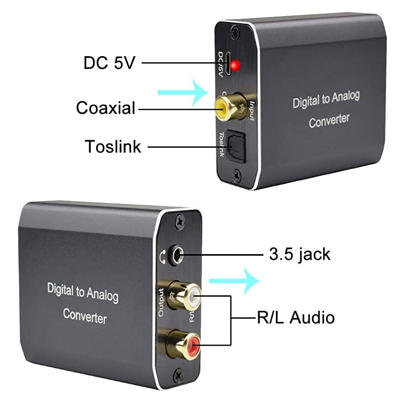 192KHz Digital to Analog Converter  Aluminum Audio DAC Optical Toslink SPDIF or Coaxial to Stereo RL and 35 mm Jack Support Dual Ports Output Simultaneously Compatible with PS4 TV Set TV Bo