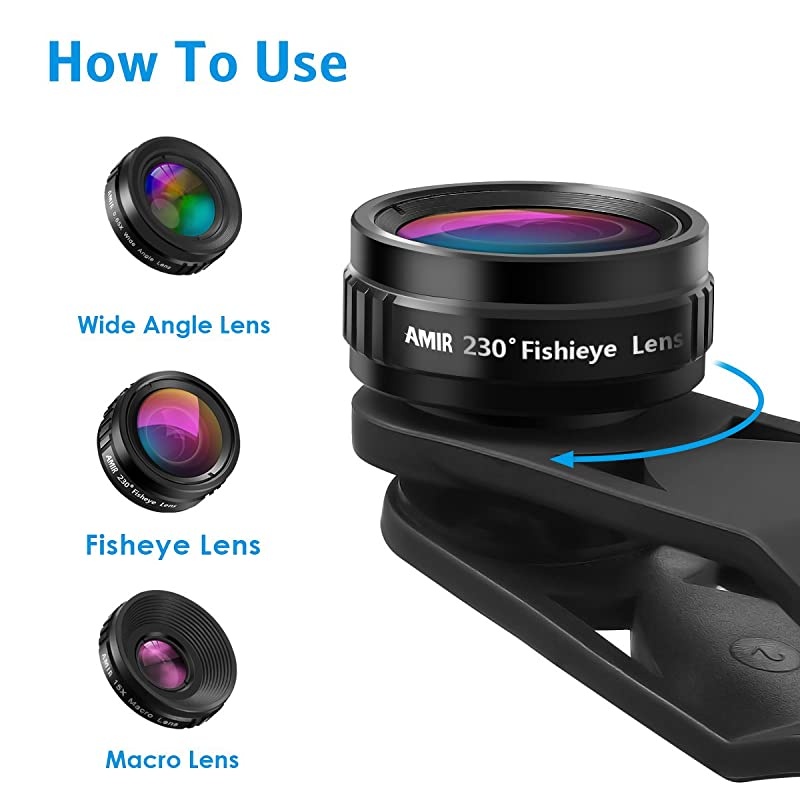 Camera Lens 198&deg; Fisheye Lens 15X Macro Lens 065X Wide Angle Lens ClipOn 3 in 1 Cell Lens for Live Video Compatible with iSamsung Other Smartphones
