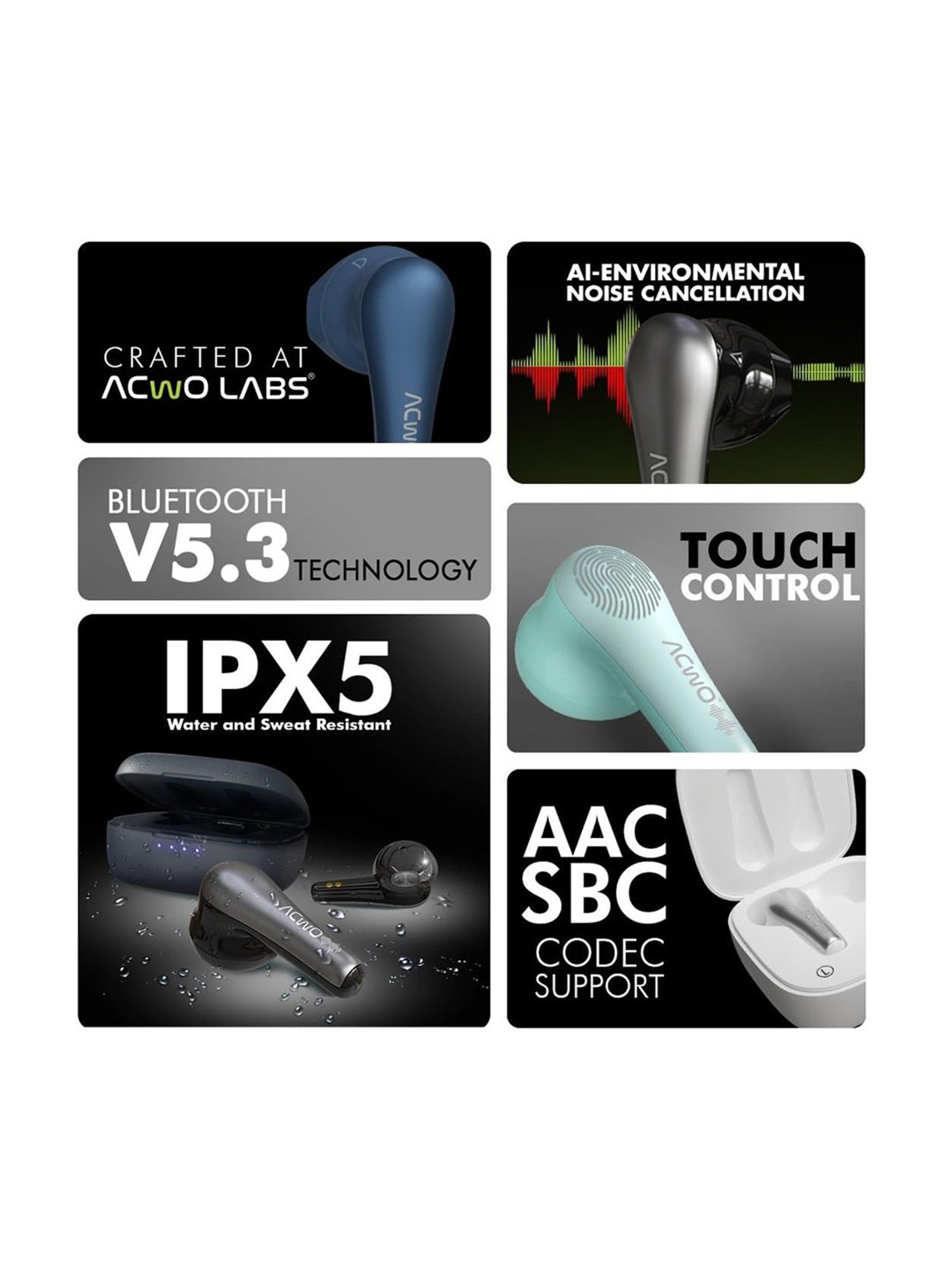 ACwO DwOTS 515 In Ear BT Earbuds with 50H Playtime, AI-ENC Technology (Aqua Blue, True Wireless)