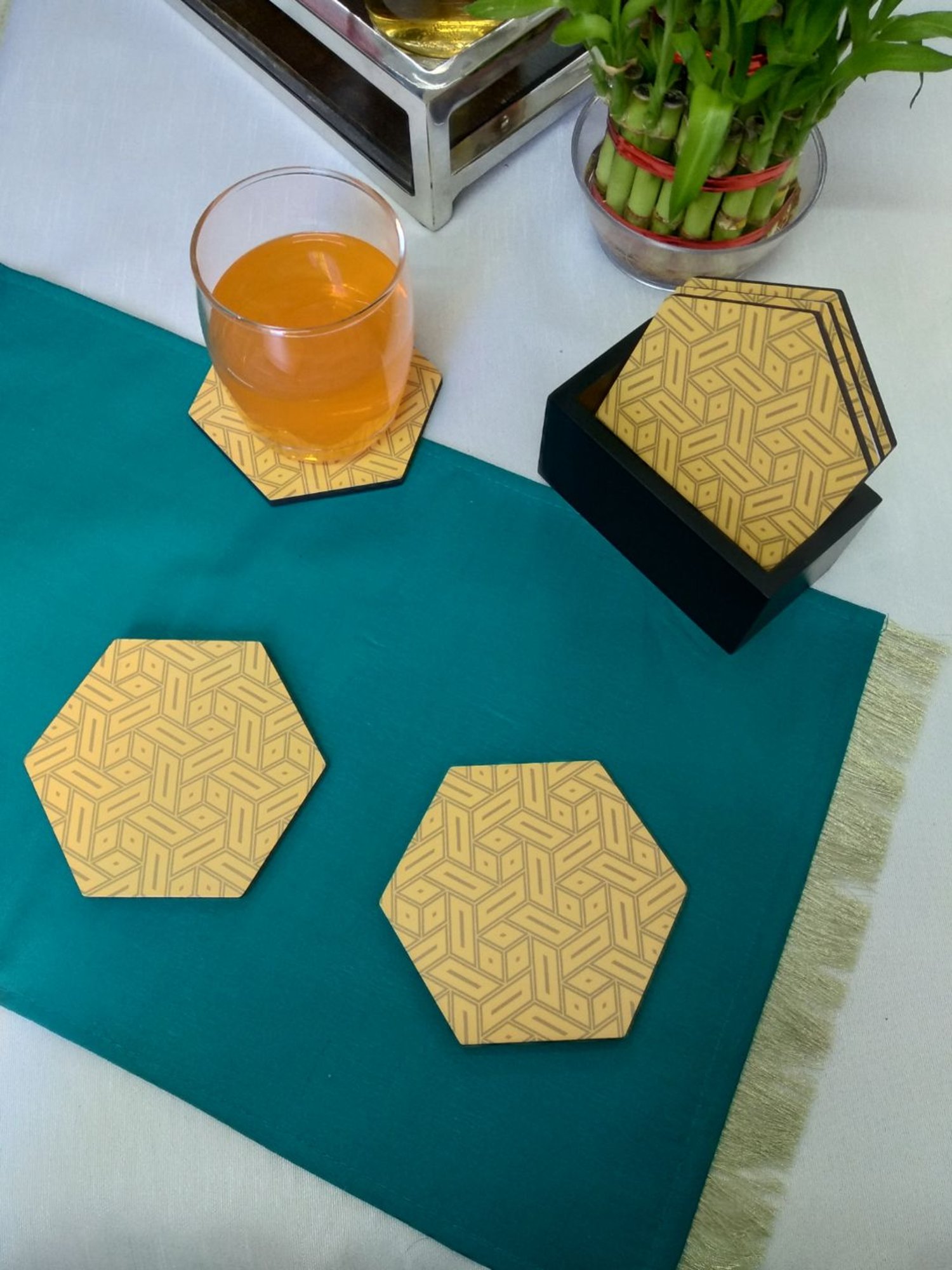 Crayton Hexagon Beige Geometric MDF Coaster with Holder - Set of 6