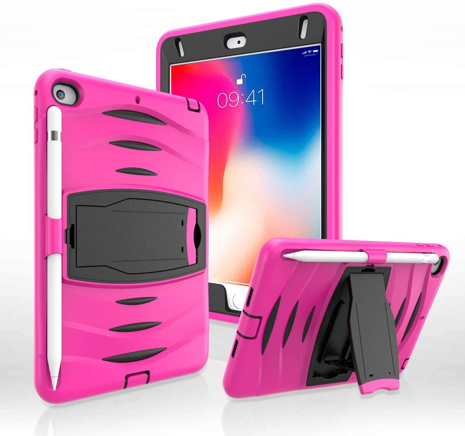 iPad Mini 4th 5th Gen Case, KIQ Shockproof Heavy Duty Armor Shockproof Impact Drop Protection Case Cover For Apple iPad Mini 4, iPad Mini 5 (7.9-inch) (Hot Pink)