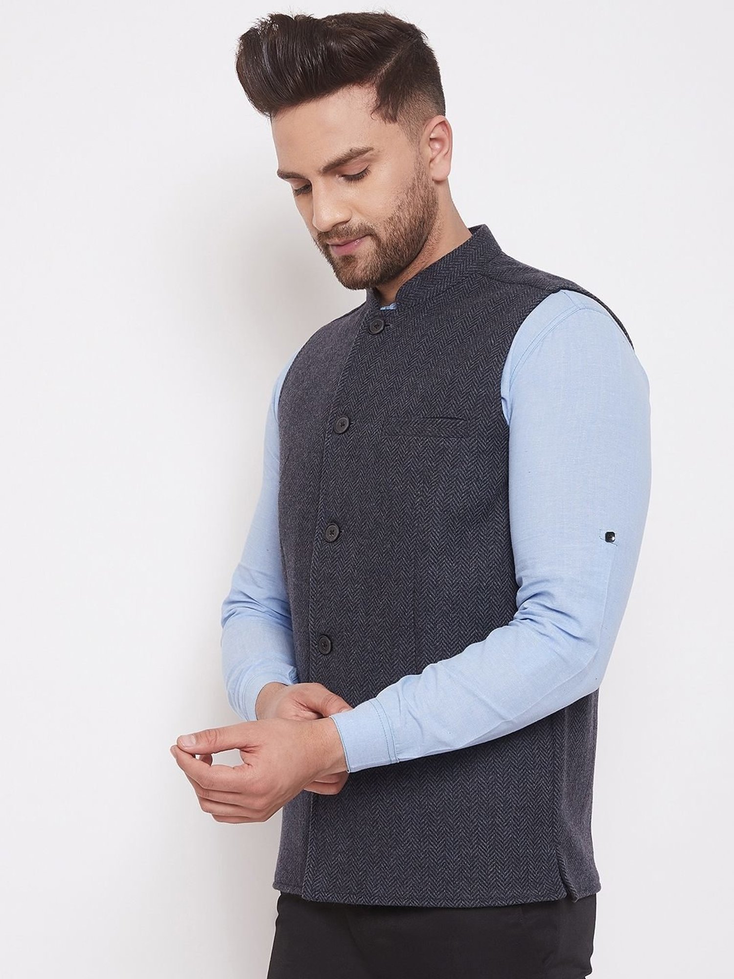 Even Grey Regular Fit Texture Nehru Jacket
