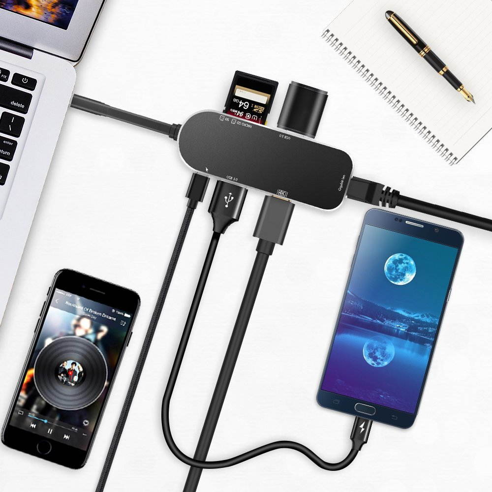 USB C Hub,SILIFUN 7 in 1 Thunderbolt 3 Type C Adapter USB C to USB 3.0 Macbook adapter with Gigabit Ethernet,4K HDMI,PD Power,SD/TF Card Reader,10 Gbps USB Extension Docking Hub for Macbook Pro(Black)