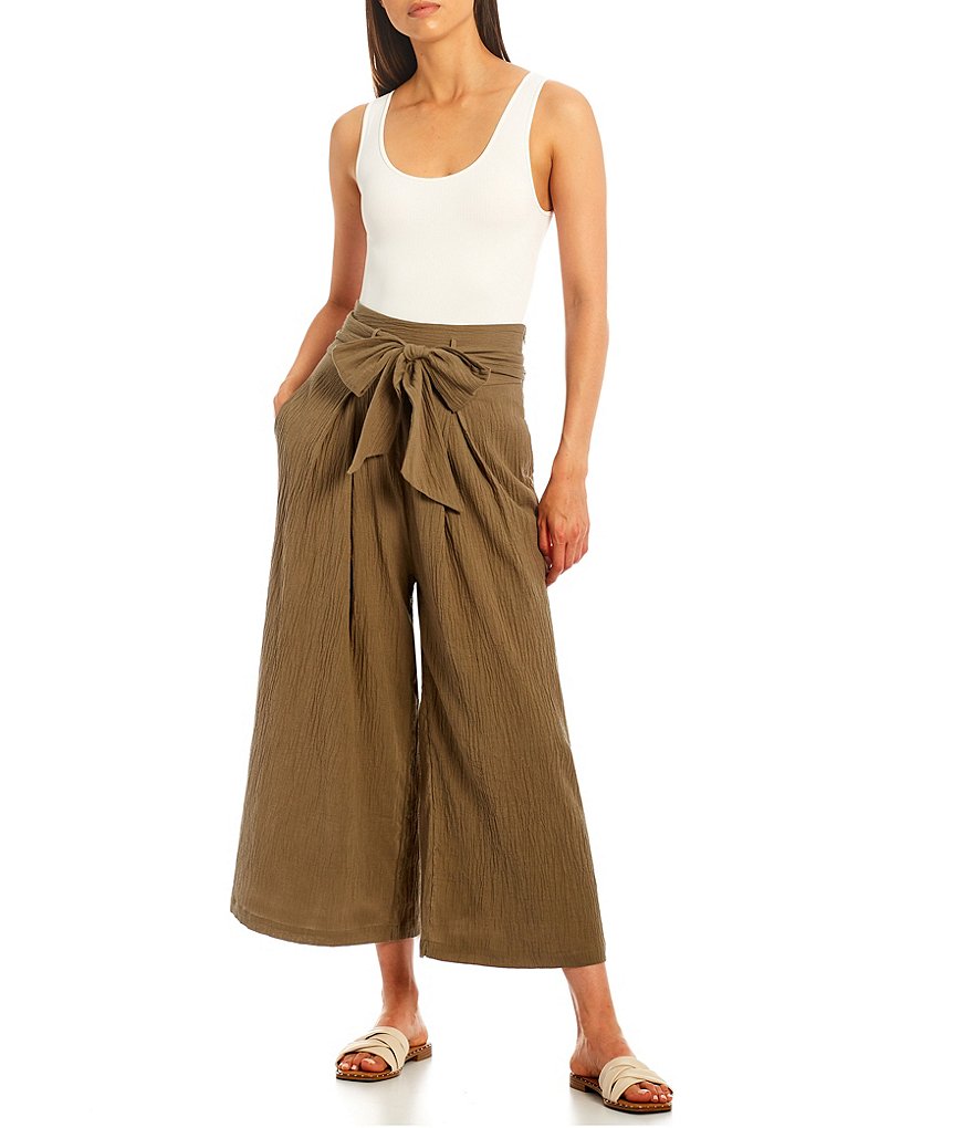 Sugarlips High Waist Belted Wide Leg Paperbag Waist Crop Pants