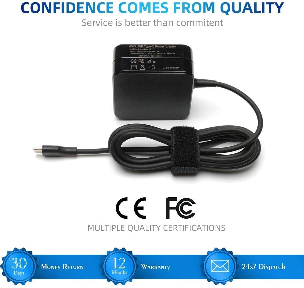 45W Type C Quick Charger for Asus Chromebook C302CA C302C C302 C101PA C101P C101 C213SA C213S C213 C523NA C523N C523 C214MA C214M C223NA C223N C423NA C204MA Flip Laptop Power Supply Adapter Cord