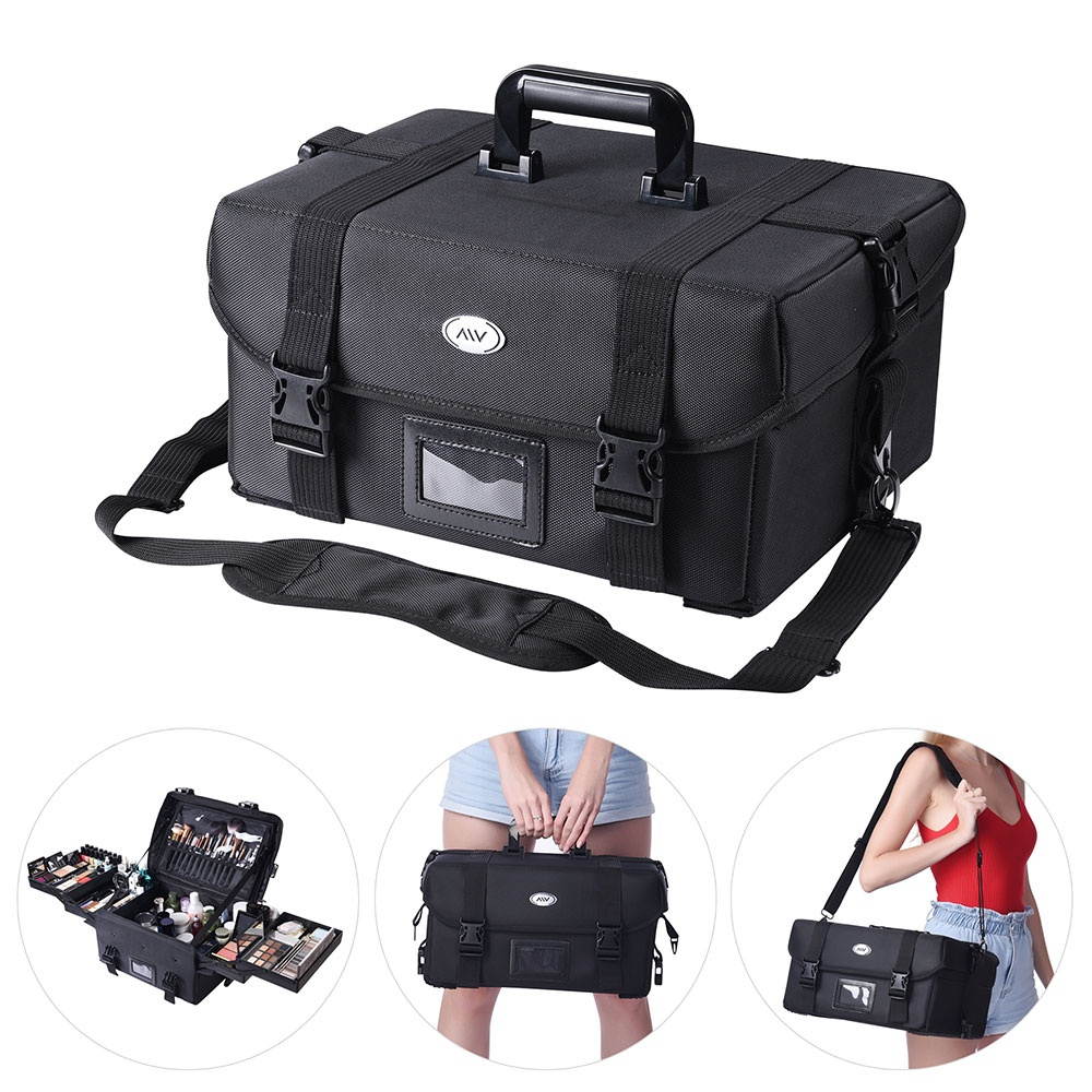 Byootique&reg; 1680D Nylon Makeup Train Case Pockets Travel Hard Bag Artist Cosmetic Organizer with Tray