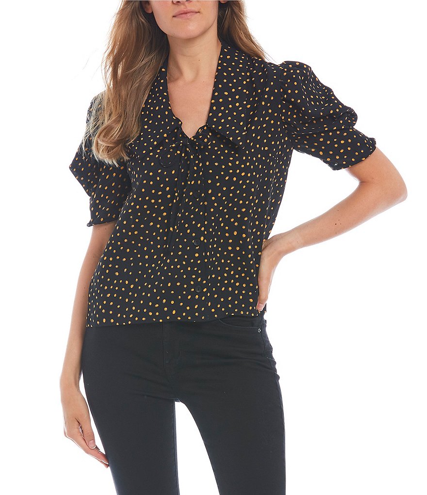 Good Luck Gem Dalmatian Print Button Front Short Sleeve Top