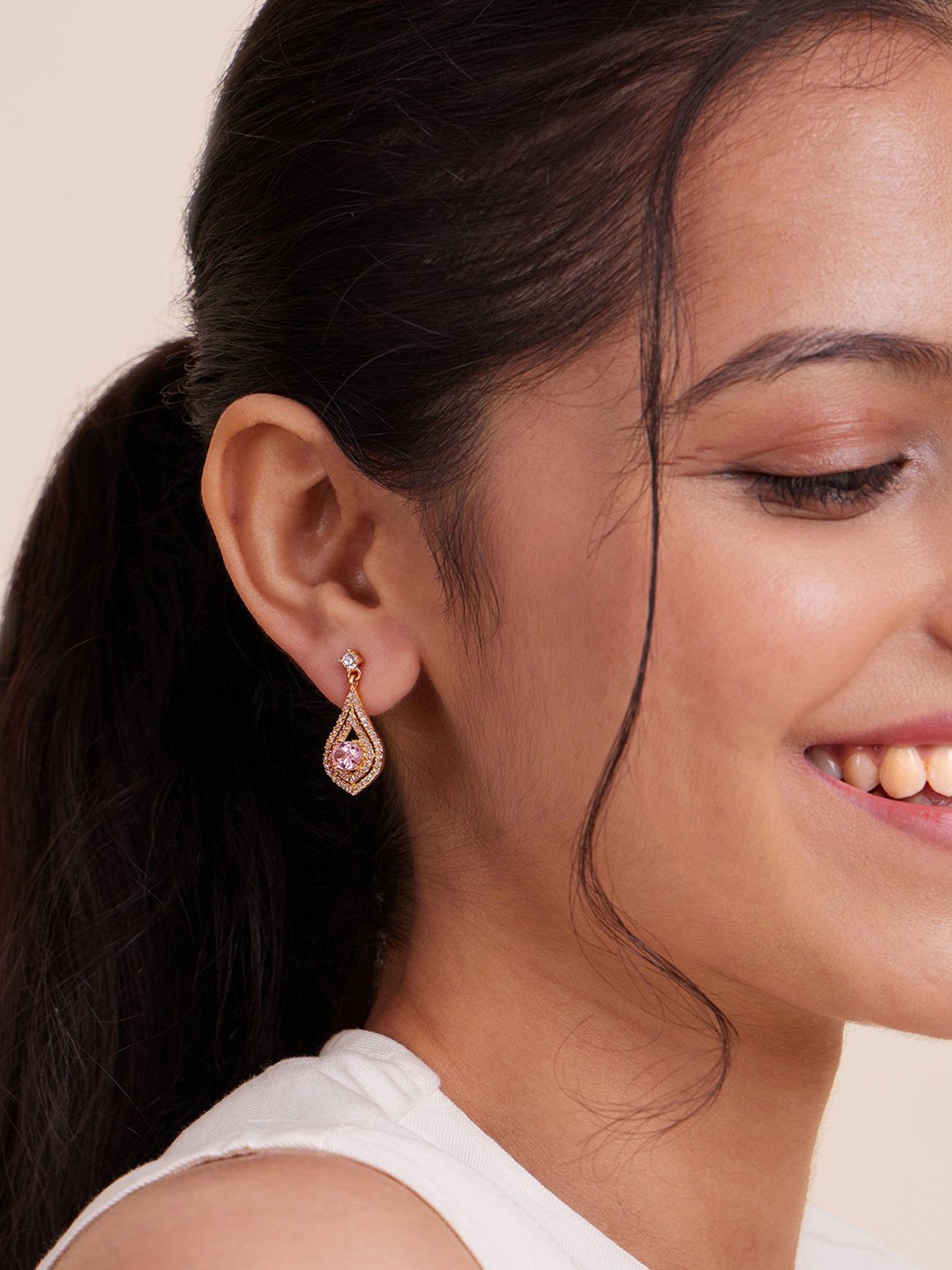 March by FableStreet 92.5 Sterling Silver 18k Gold-Plated Pink Zircon Teardrop Earrings for Women