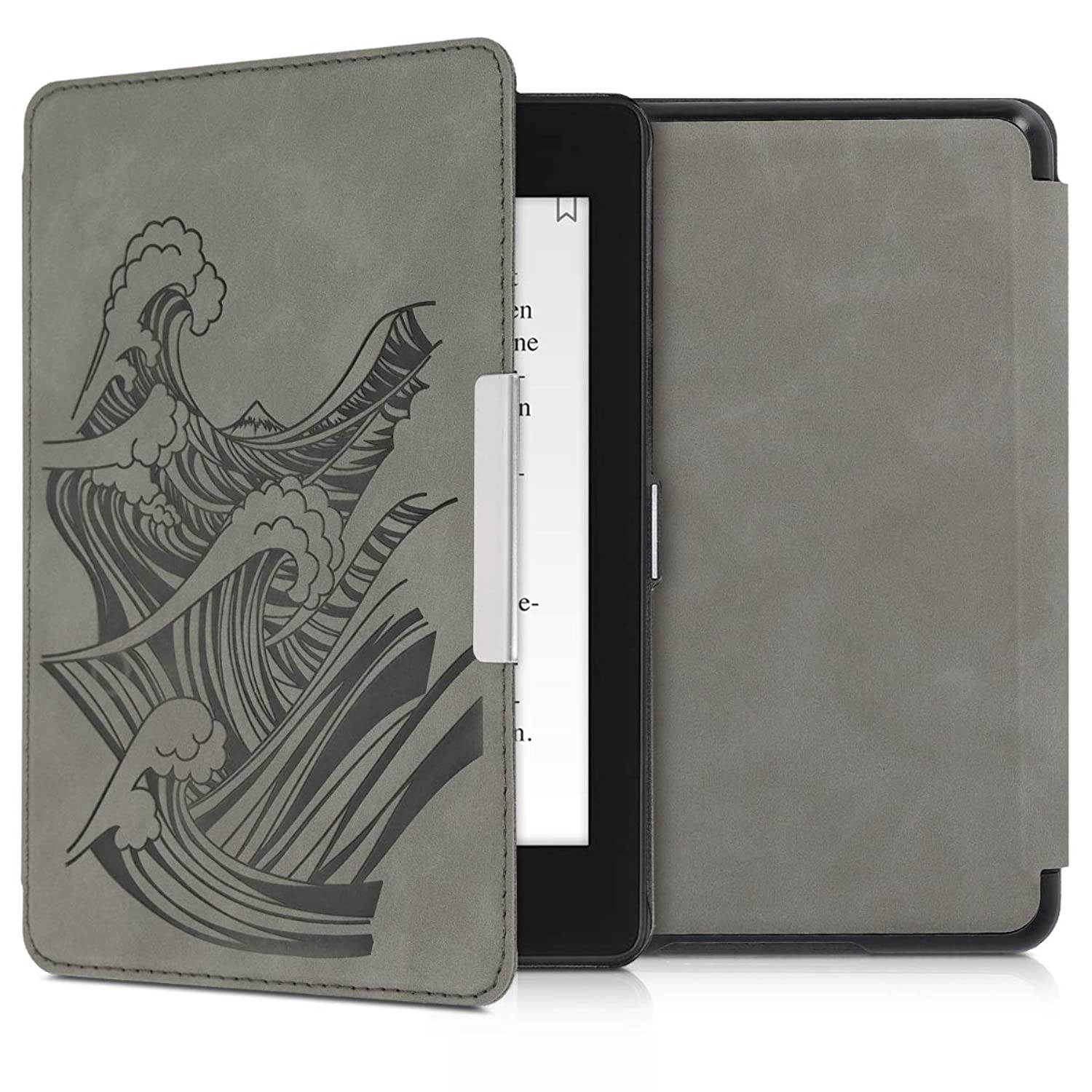 kwmobile Case Compatible with Amazon Kindle Paperwhite (10. Gen - 2018) - PU Nubuck Leather Protective e-Reader Flip Case Cover - Waves Grey