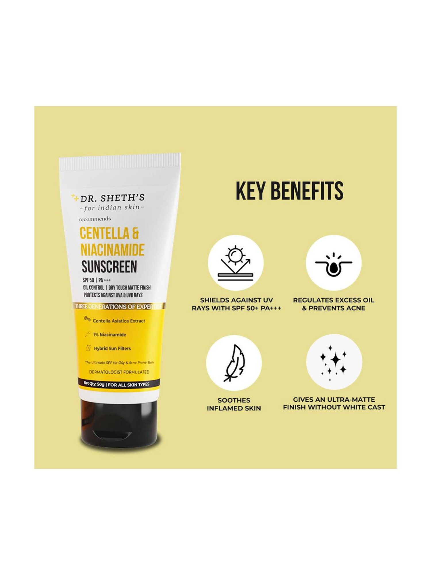 Dr. Sheth's Centella & Niacinamide Oil & Acne Control Sunscreen - 50 gm