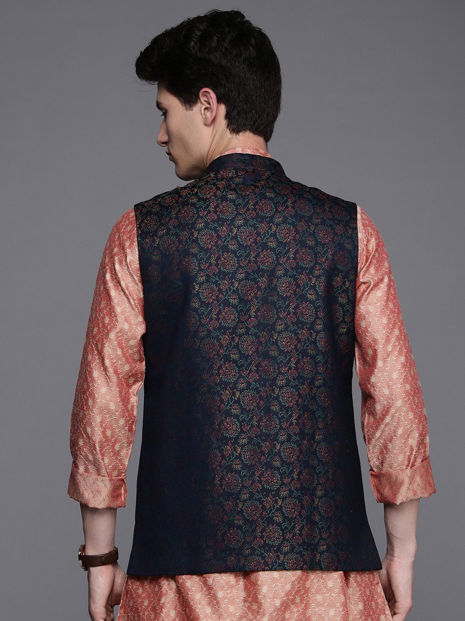 Manyavar Blue Regular Fit Floral Print Nehru Jacket