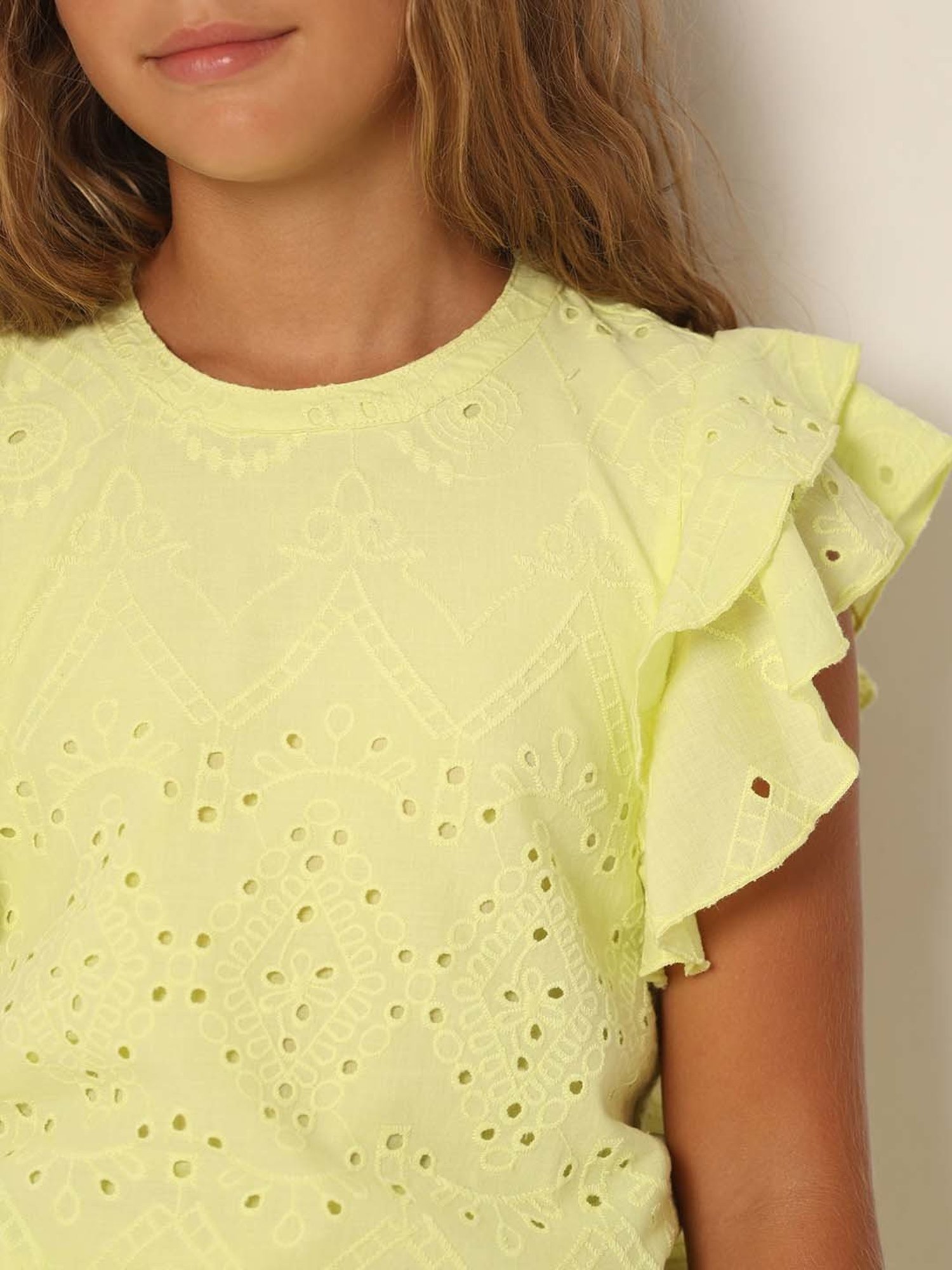 VERO MODA GIRL Lime Green Cotton Embroidered Top