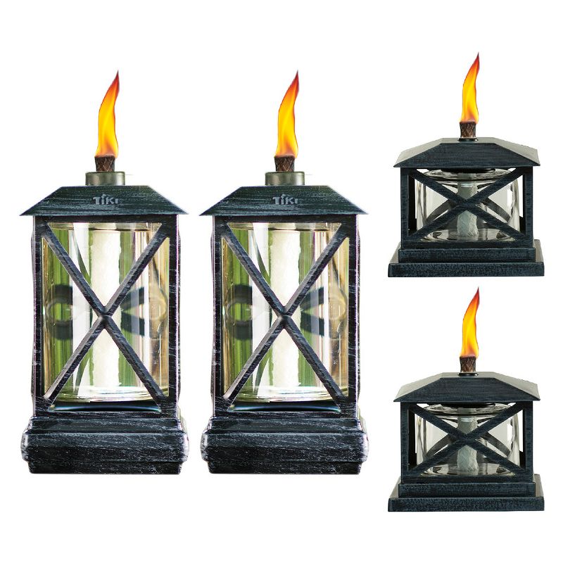65" 4pc Square Beacon Metal Torch Black and Petite Lantern Metal Table Torch Black - TIKI