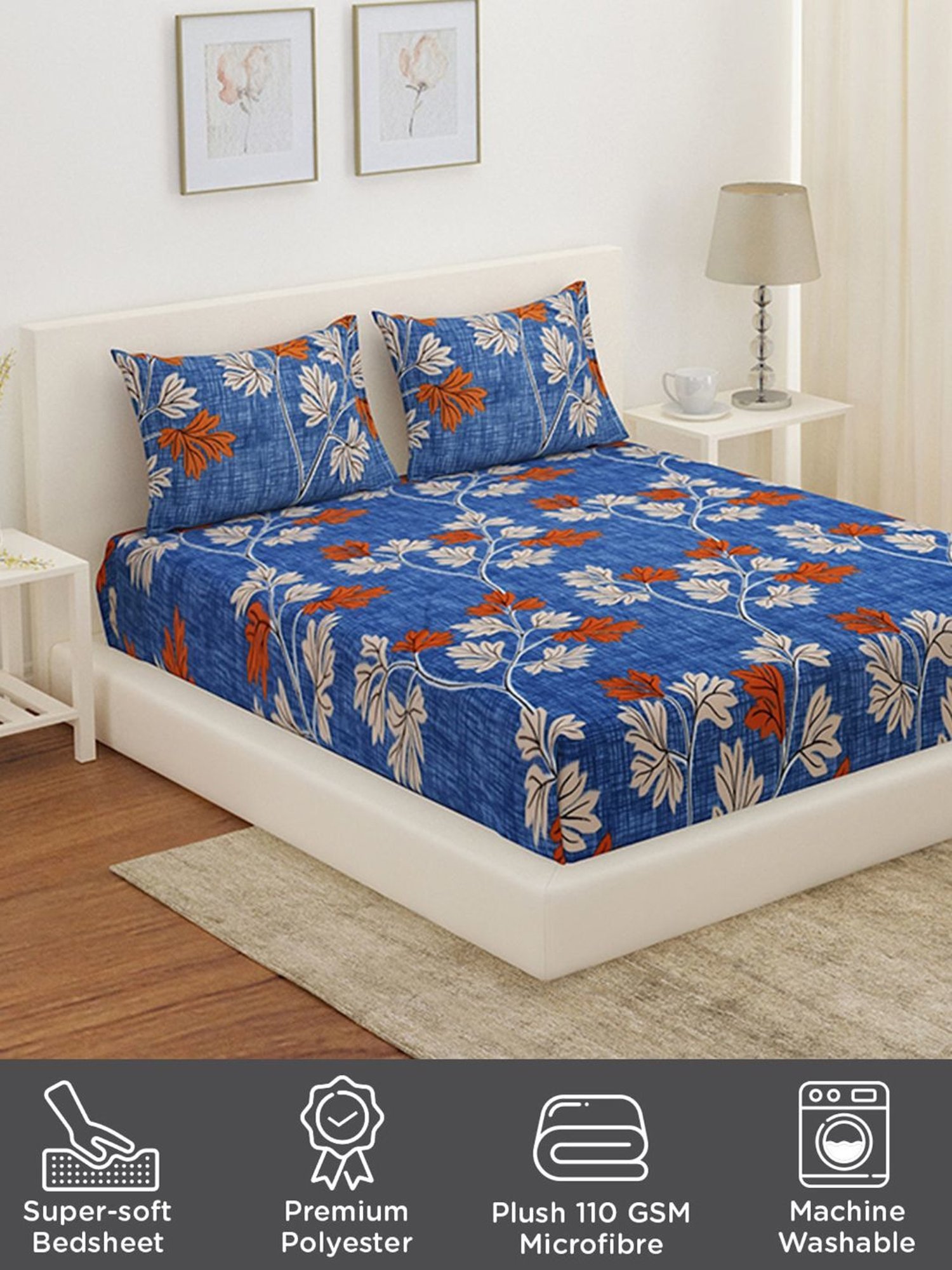 @home Utopia Cosmos Floral Blue 110 GSM Cotton Blend Double Bed Sheet with 2 Pillow Covers