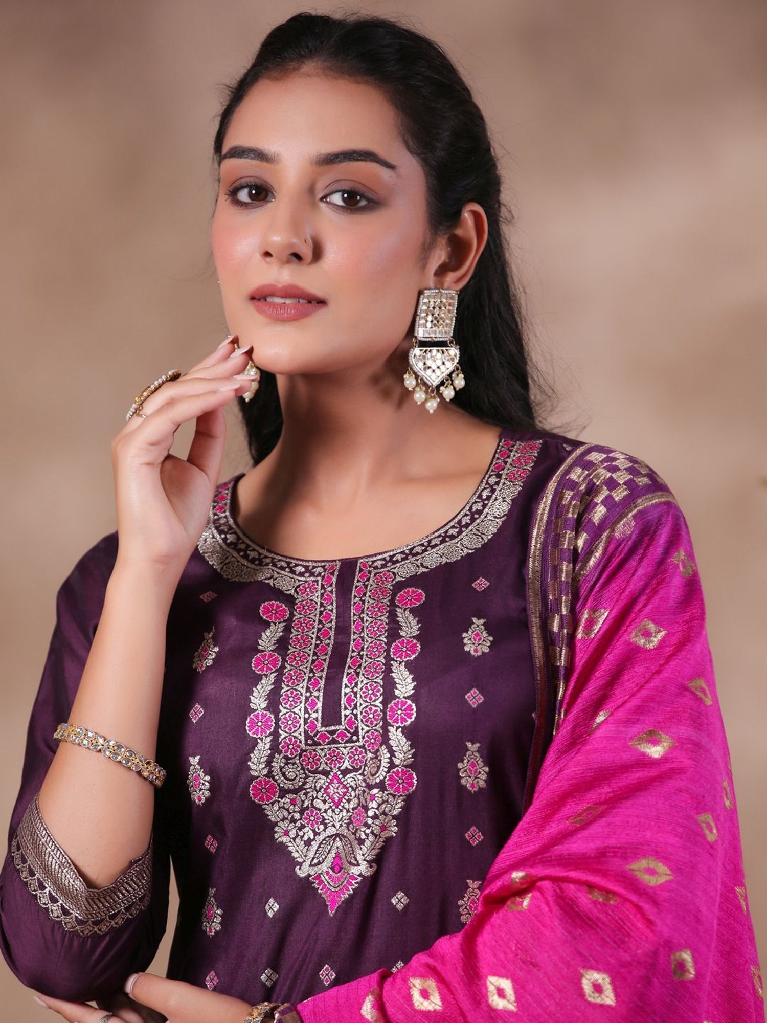 Ishin Purple Woven Pattern Kurta Pant Set With Dupatta